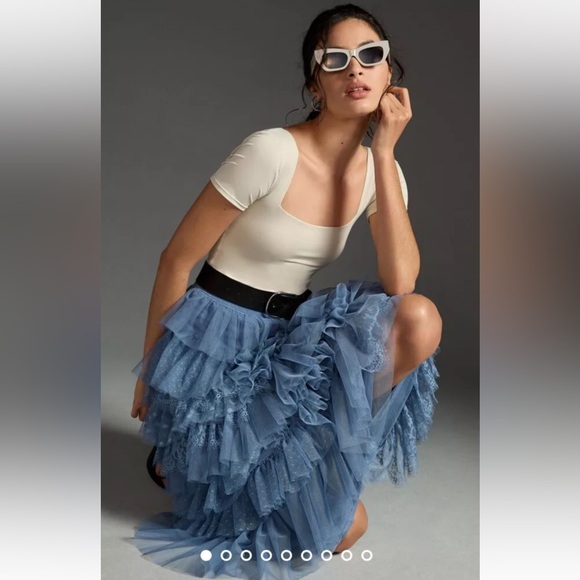 Anthropologie Ruffle Tulle Maxi Skirt Tiered Lace Lined HighWaisted Elastic